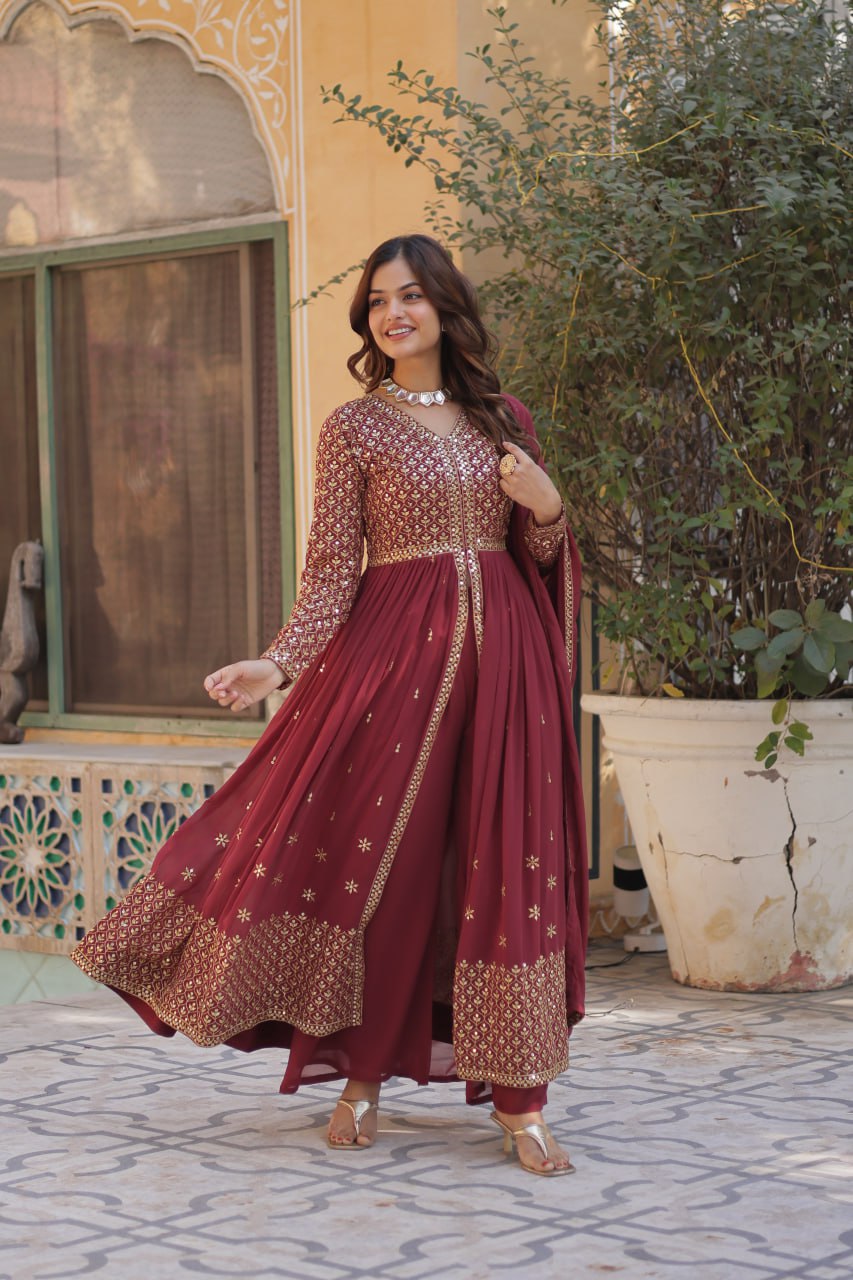 Marron Mirrorwork Sharara Set For Women | Designer Festive Wear Suit With Heavy Embroidery & Dupatta