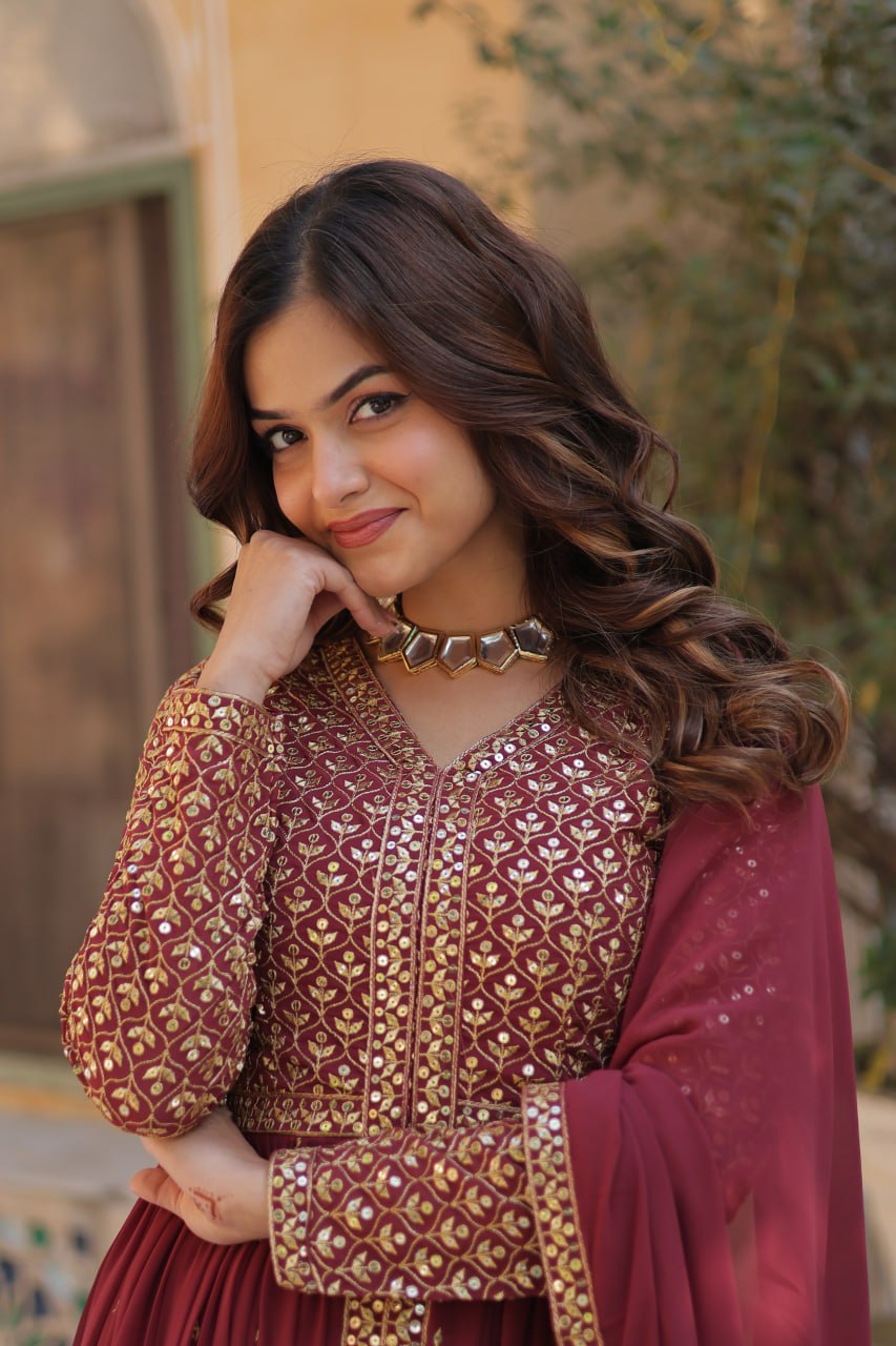 Marron Mirrorwork Sharara Set For Women | Designer Festive Wear Suit With Heavy Embroidery & Dupatta