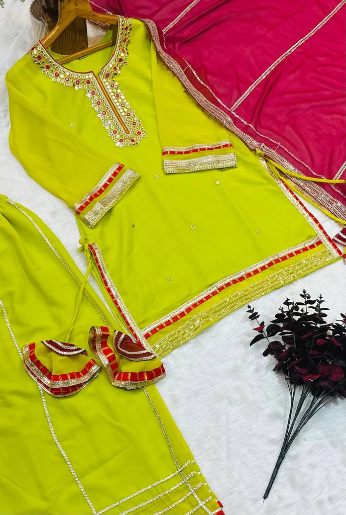 Parrot Green Chinon Silk Sharara Set