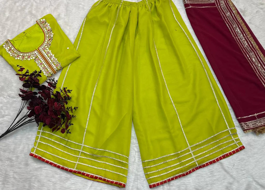 Parrot Green Chinon Silk Sharara Set