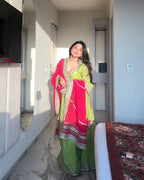 Parrot Green Chinon Silk Sharara Set