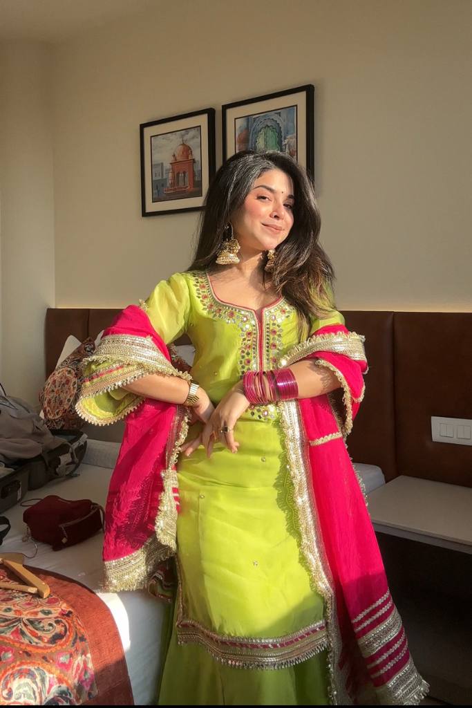 Parrot Green Chinon Silk Sharara Set