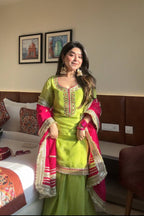 Parrot Green Chinon Silk Sharara Set