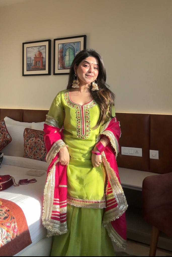 Parrot Green Chinon Silk Sharara Set