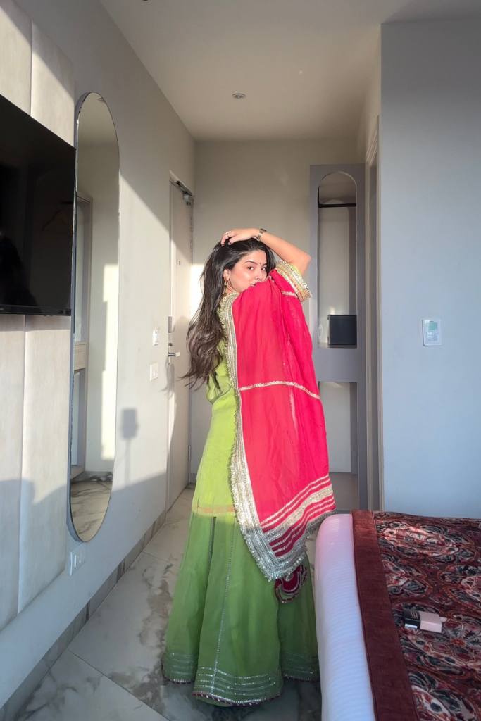 Parrot Green Chinon Silk Sharara Set