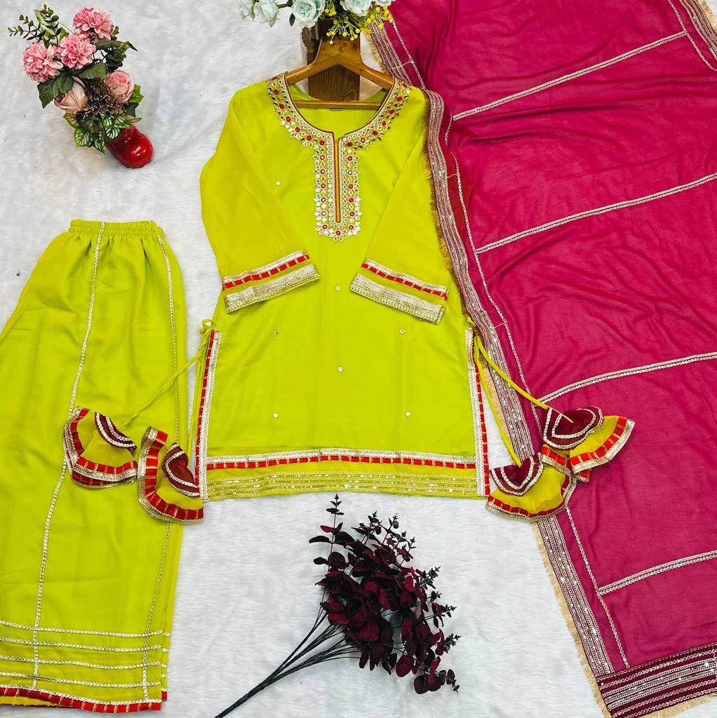 Parrot Green Chinon Silk Sharara Set