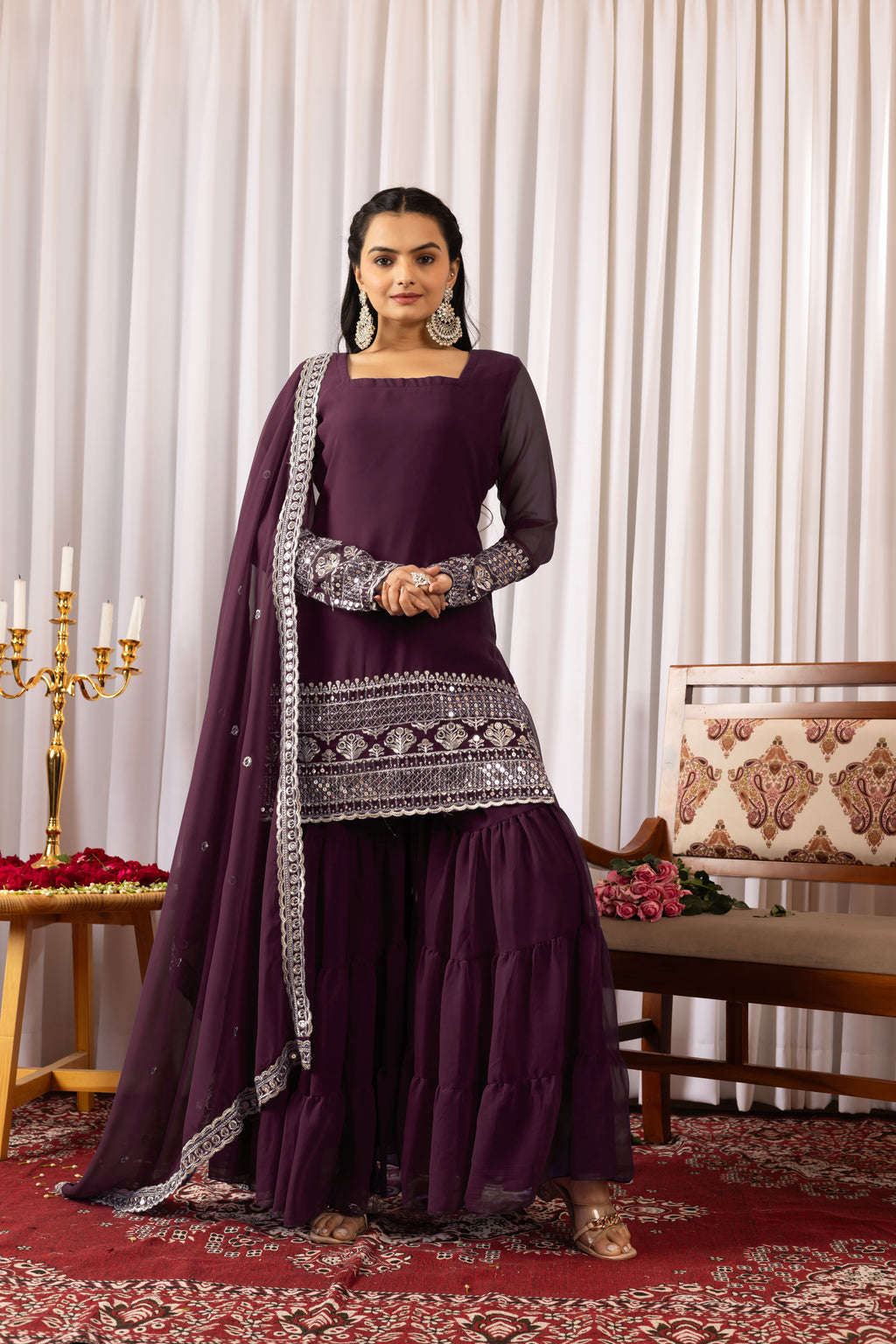Dark Purple Mirror Work Sharara Suit For Women | Premium Designer Festive Indian Ethnic Wear Set