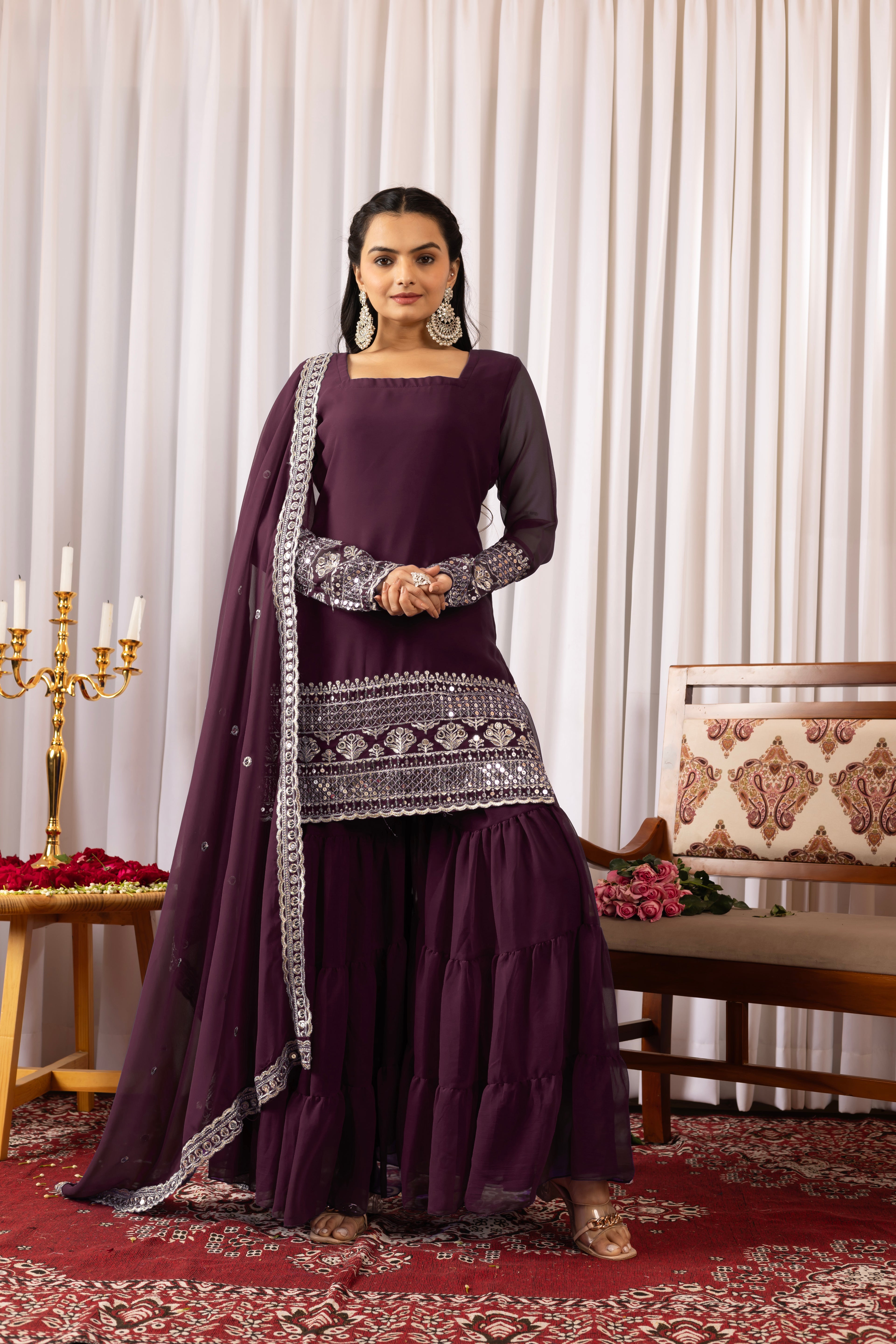 Dark Purple Mirror Work Sharara Suit For Women | Premium Designer Festive Indian Ethnic Wear Set