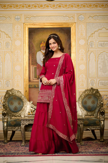 Rosy Pink Heavy Embroidered Sharara Suit