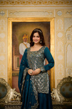 Woman in traditional attire standing in a decorated room with a portrait in the background