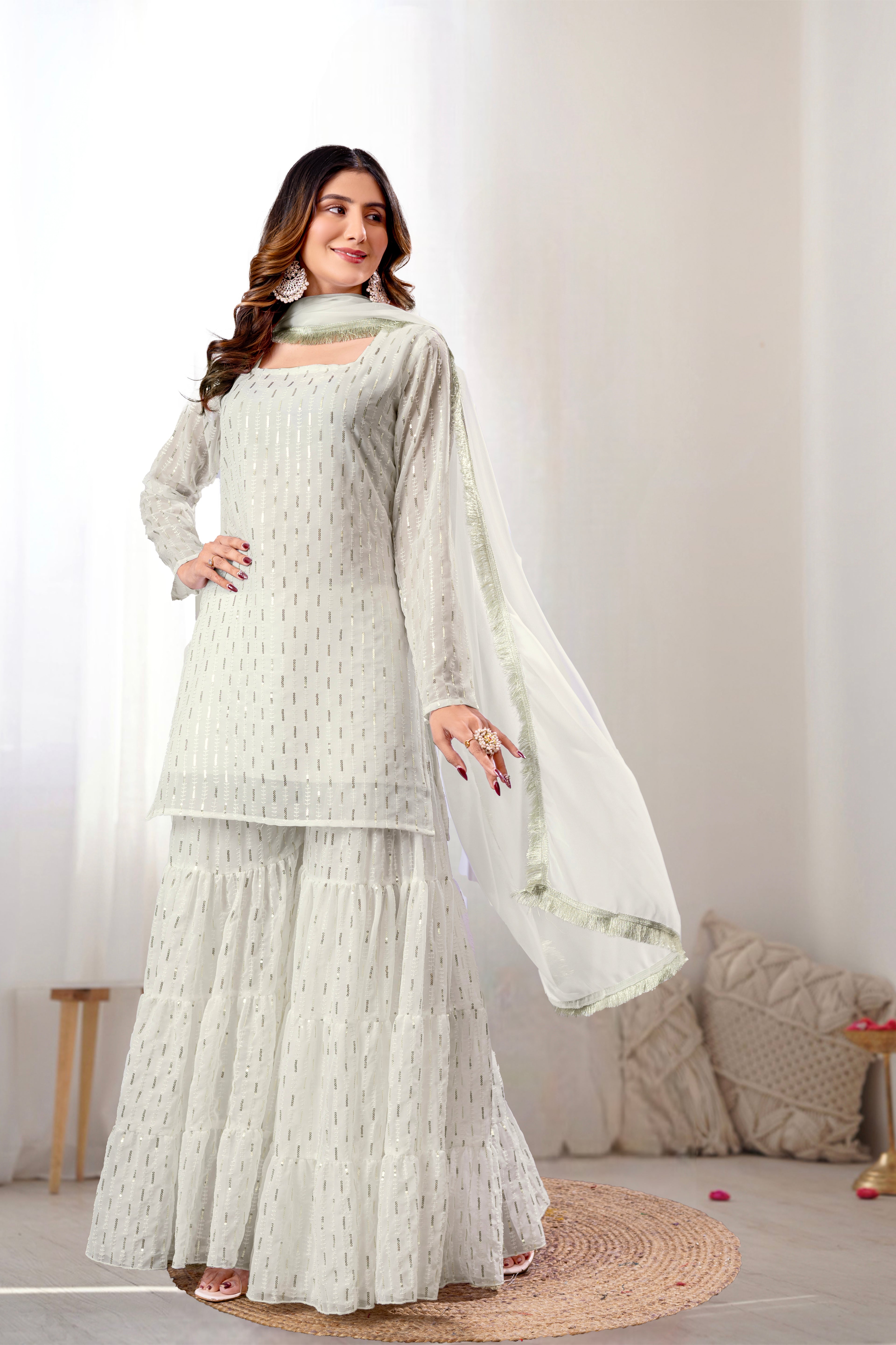 Elegant White Mirror Work Sharara Set for Women | Designer Festive Ethnic Wear 2025
