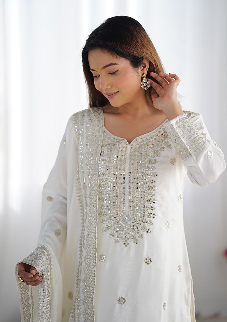 Elegant White Mirror Work Sharara Suit For Women | Designer Ethnic Party Wear Outfit