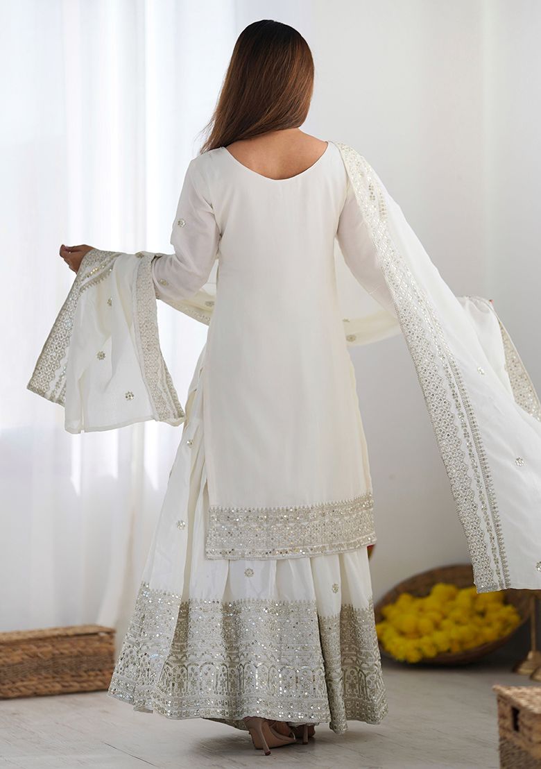 Elegant White Mirror Work Sharara Suit For Women | Designer Ethnic Party Wear Outfit