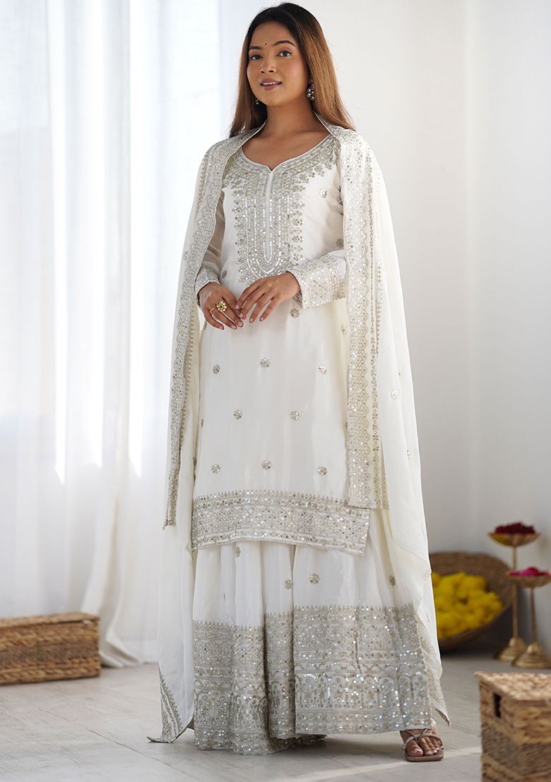 Elegant White Mirror Work Sharara Suit For Women | Designer Ethnic Party Wear Outfit