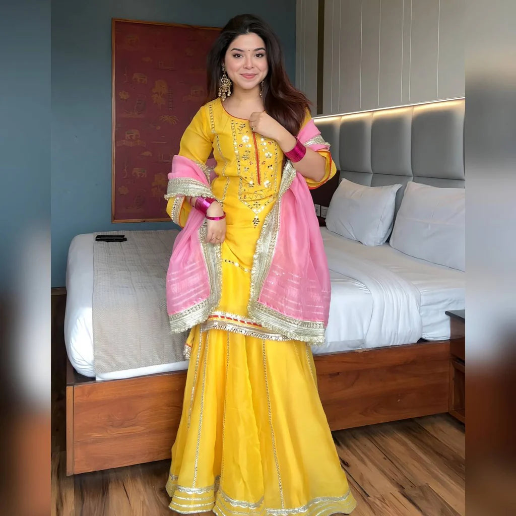 Yellow Chinon Silk Sharara Set
