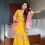 Yellow Chinon Silk Sharara Set