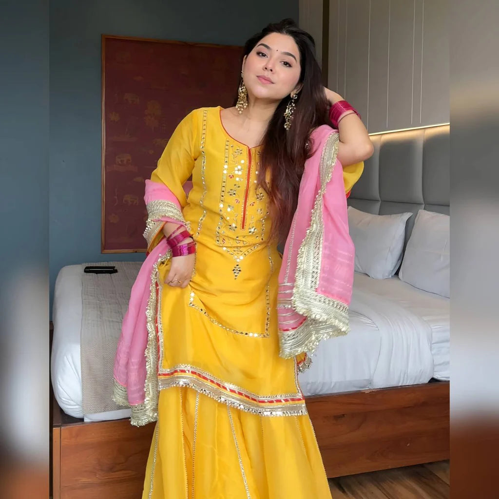 Yellow Chinon Silk Sharara Set