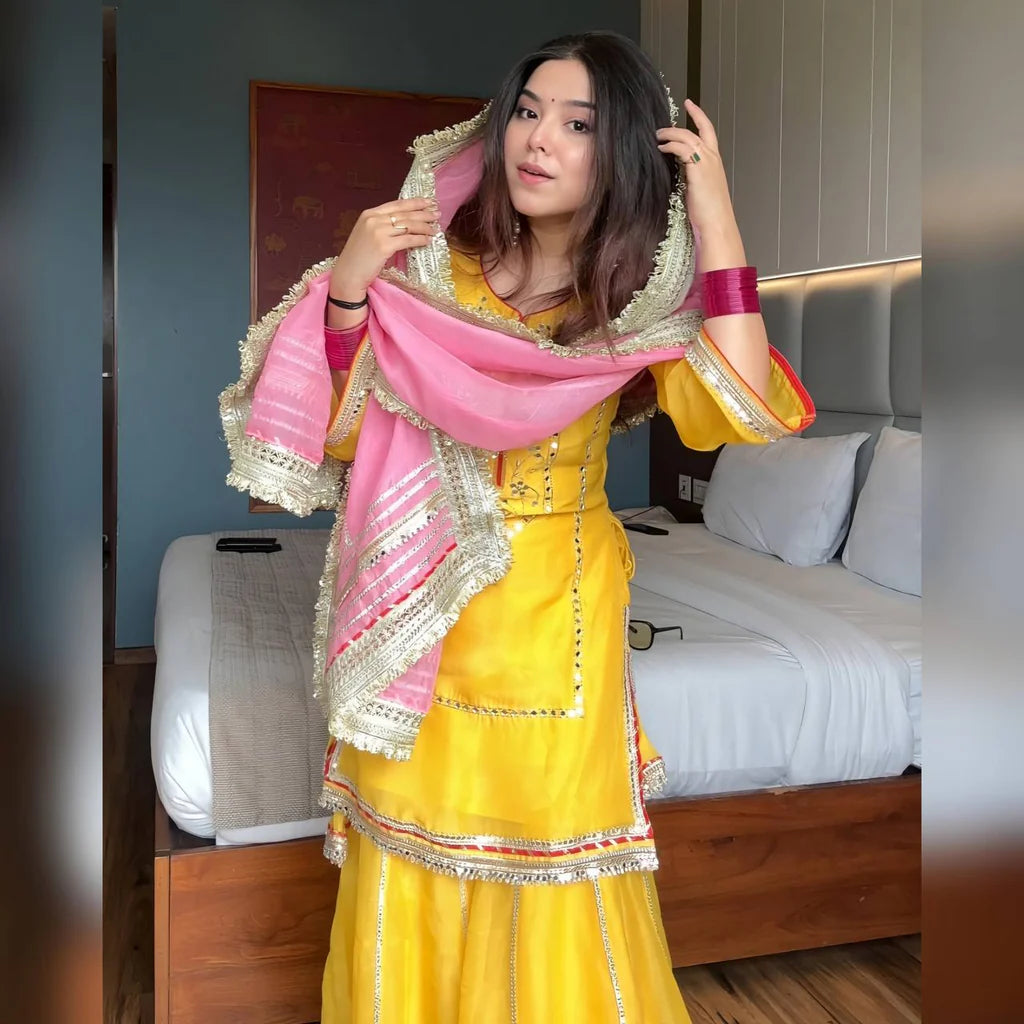 Yellow Chinon Silk Sharara Set