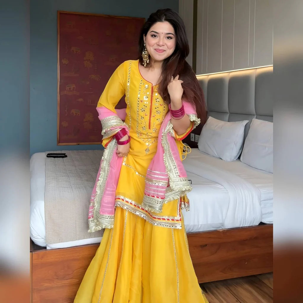 Yellow Chinon Silk Sharara Set