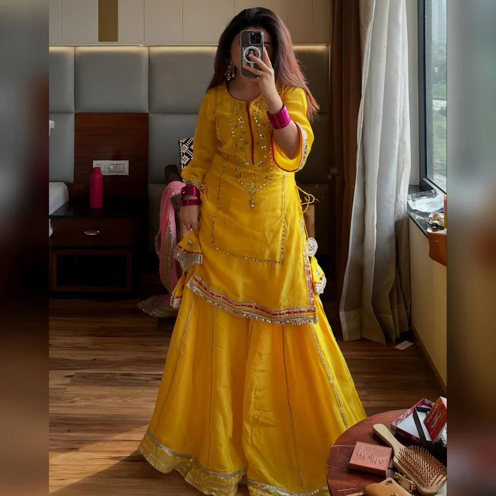 Yellow Chinon Silk Sharara Set